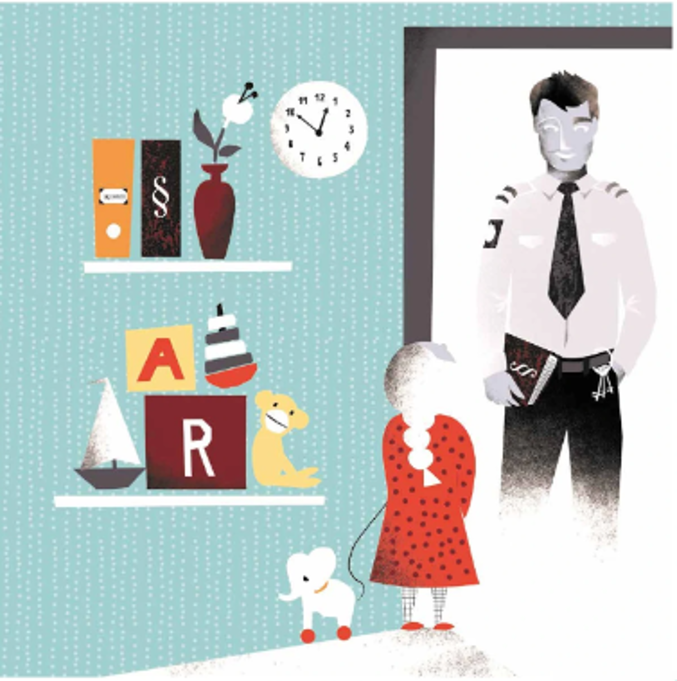 et barn og en person i et rom med en klokke og en katt